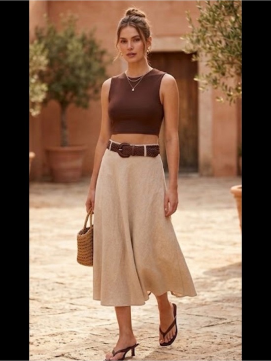 Covington Dresses & Skirts - Vintage Y2K Sears Covington Linen Blend Flowy Boho Midi A-Line Beige 14 New